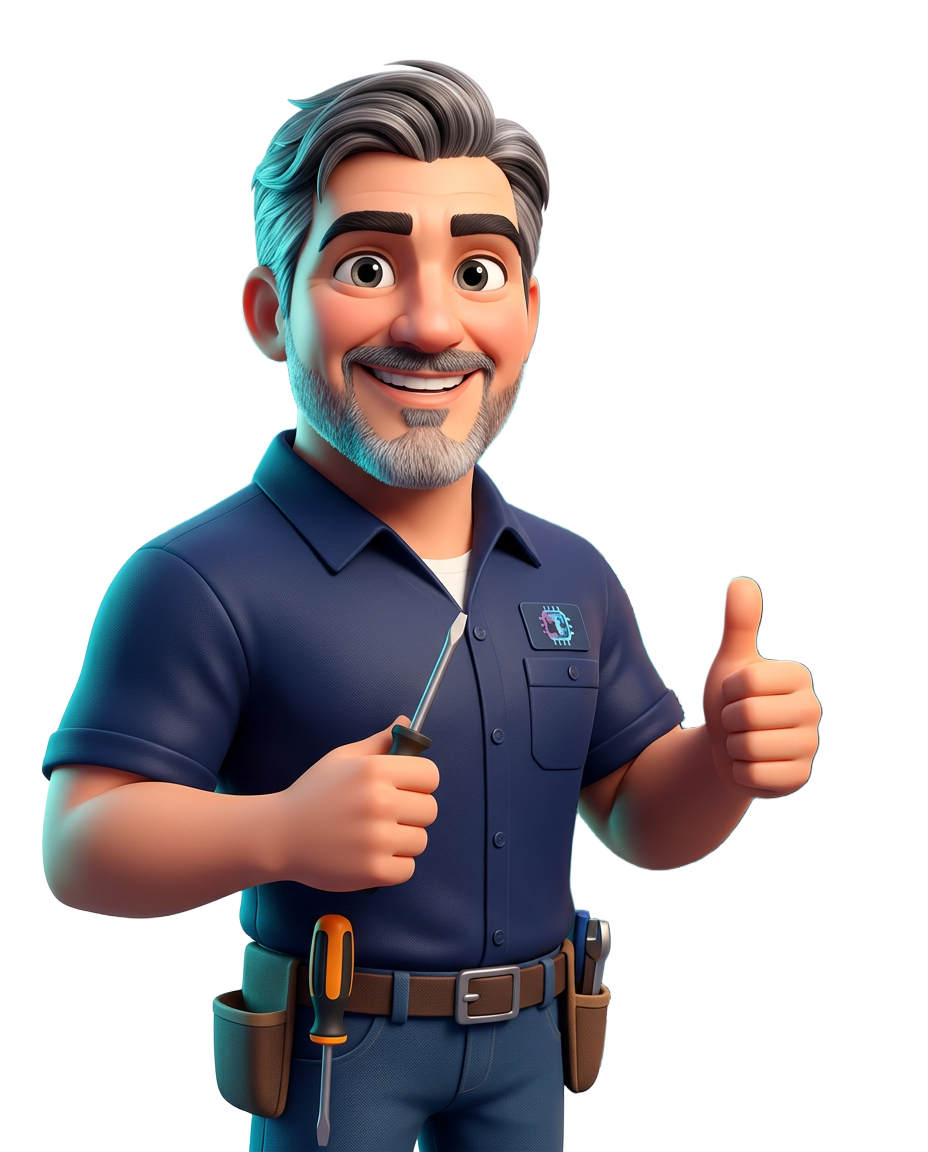 Manuel, técnico de Tecwest especializado en reparación de televisores smart, ilustrado como caricatura