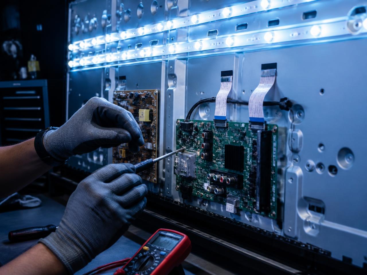 Reparación de las tiras LED y la placa de un televisor smart en laboratorio